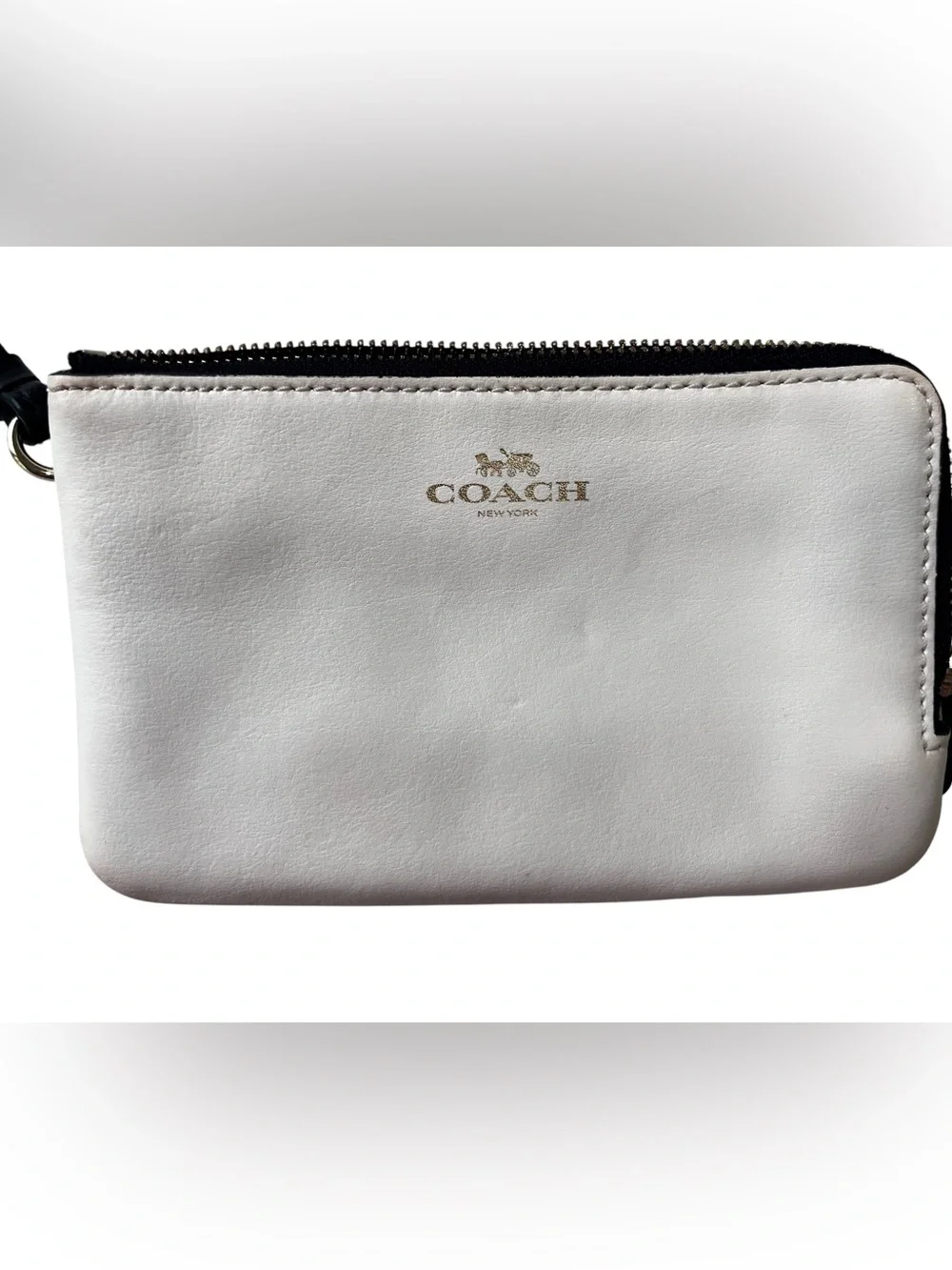 Coach Double Zip Wristlet Pouch White Leather & Signature Canvas Black Brown EUC